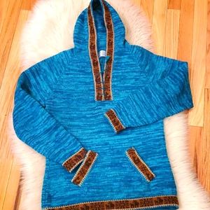 Handknit wool turquoise hoodie